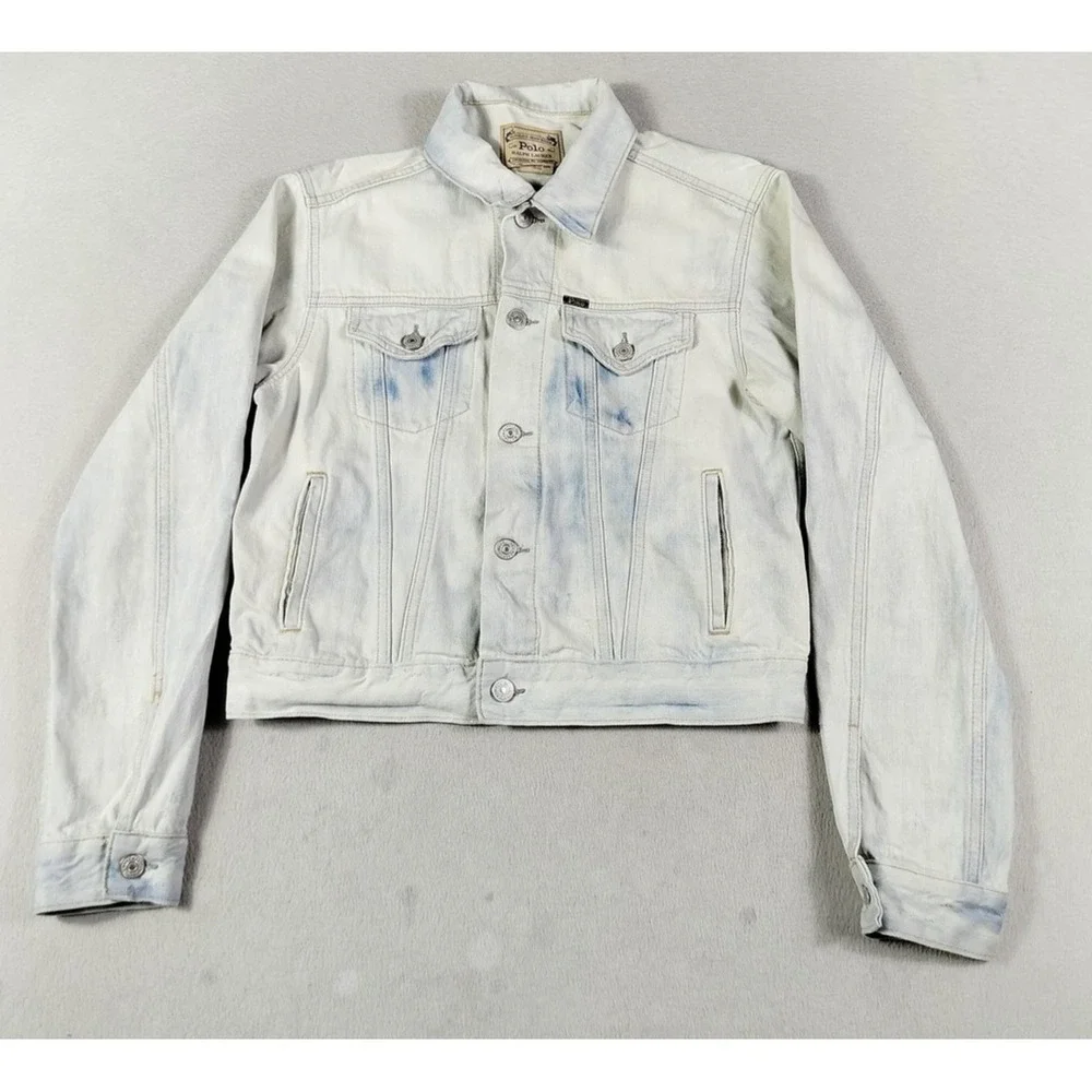 Polo Ralph Lauren Jacket Mens Small Blue Denim Bomber Trucker Distressed Casual